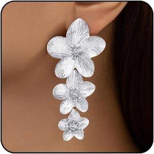 Big Statement Earrings Silvery Floral Earrings for Women Trendy Large Flower